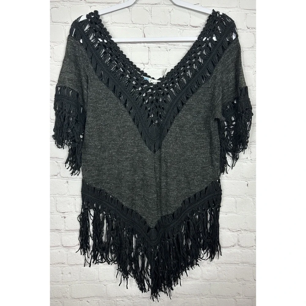 Cecico‎ black crochet hippie boho fringe v-neck sweater sz S